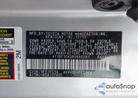 2011 Toyota Camry Se from USA, damaged, VIN 4T1BF3EK0BU660291